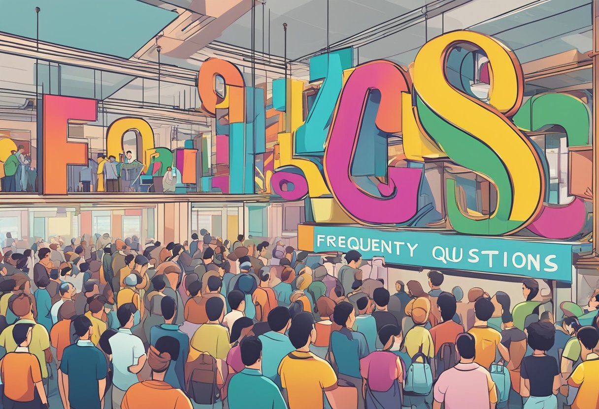 A colorful sign with "Frequently Asked Questions" in bold letters, surrounded by curious onlookers at a bustling Singapore room