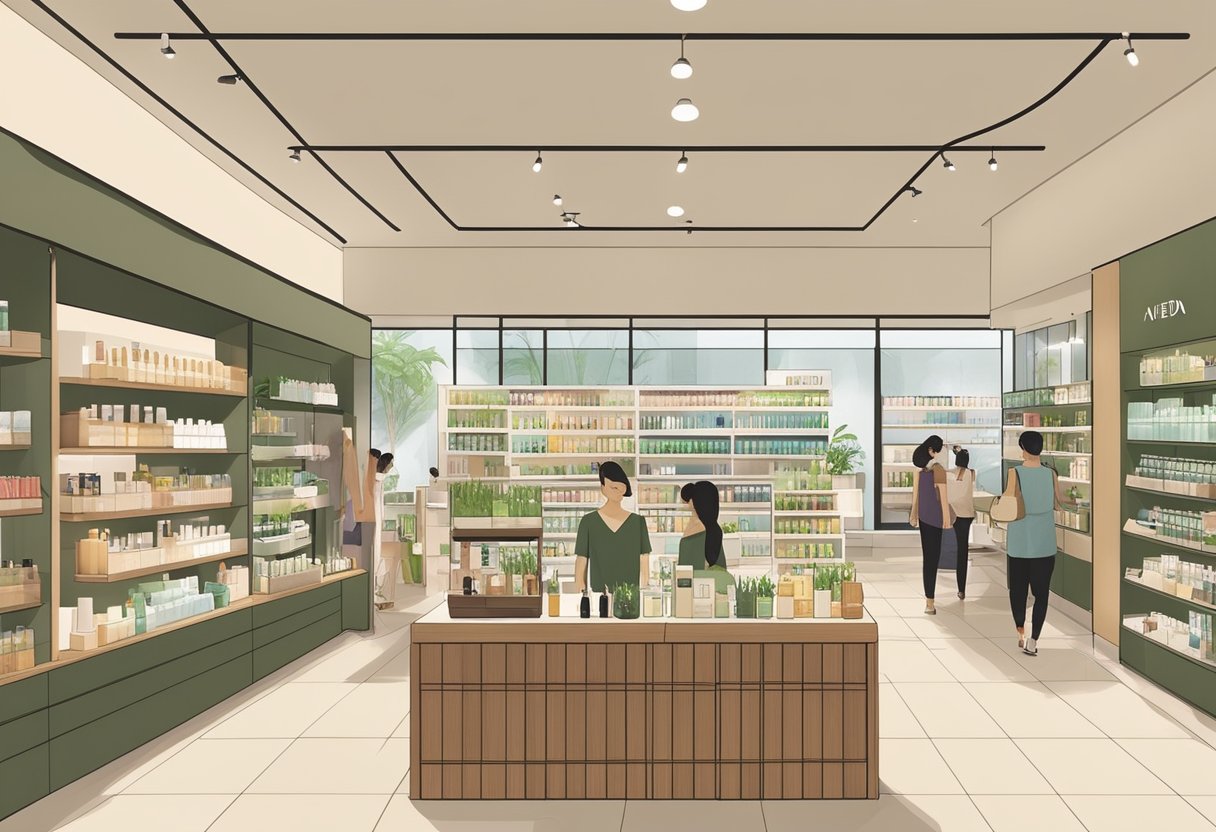 Customers browse Aveda products in a modern, well-lit Singapore store. Shelves display eco-friendly hair and skincare items, while a calming atmosphere invites relaxation