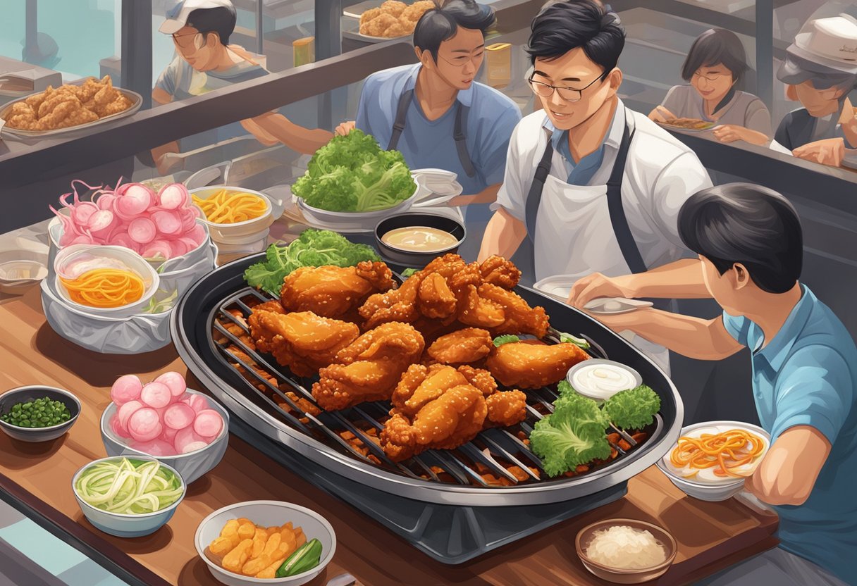 A sizzling hot plate of Korean fried chicken with a side of pickled radish, surrounded by a bustling Singapore hawker center