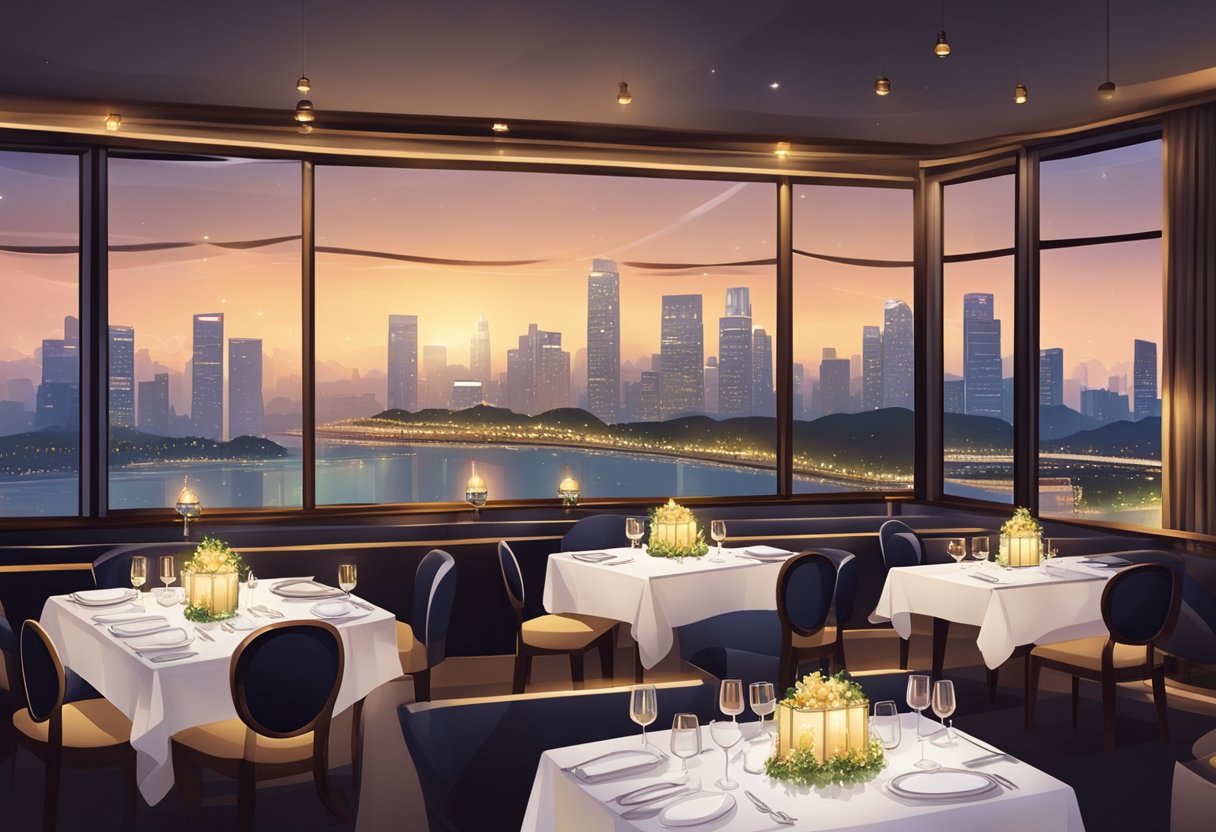 A cozy restaurant with elegant decor, dim lighting, and a view of the city skyline. Tables are set with fine linens and sparkling glassware, creating a sophisticated atmosphere for a birthday dinner in Singapore