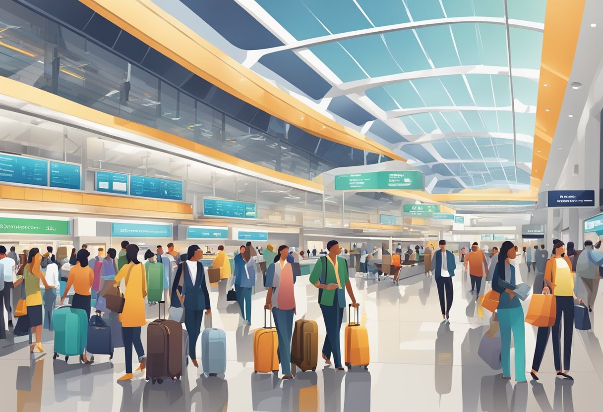 Busy terminal with modern facilities: duty-free shops, restaurants, and lounges. People boarding and disembarking flights, luggage carts, and bustling staff