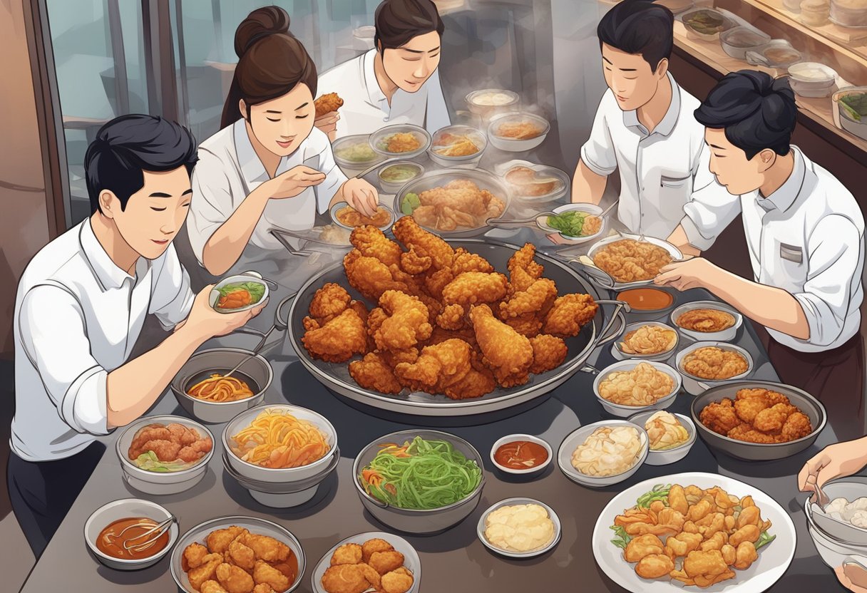 A table set with various Korean fried chicken dishes in a bustling Singapore restaurant. Steam rises from the crispy, golden pieces as diners eagerly dig in
