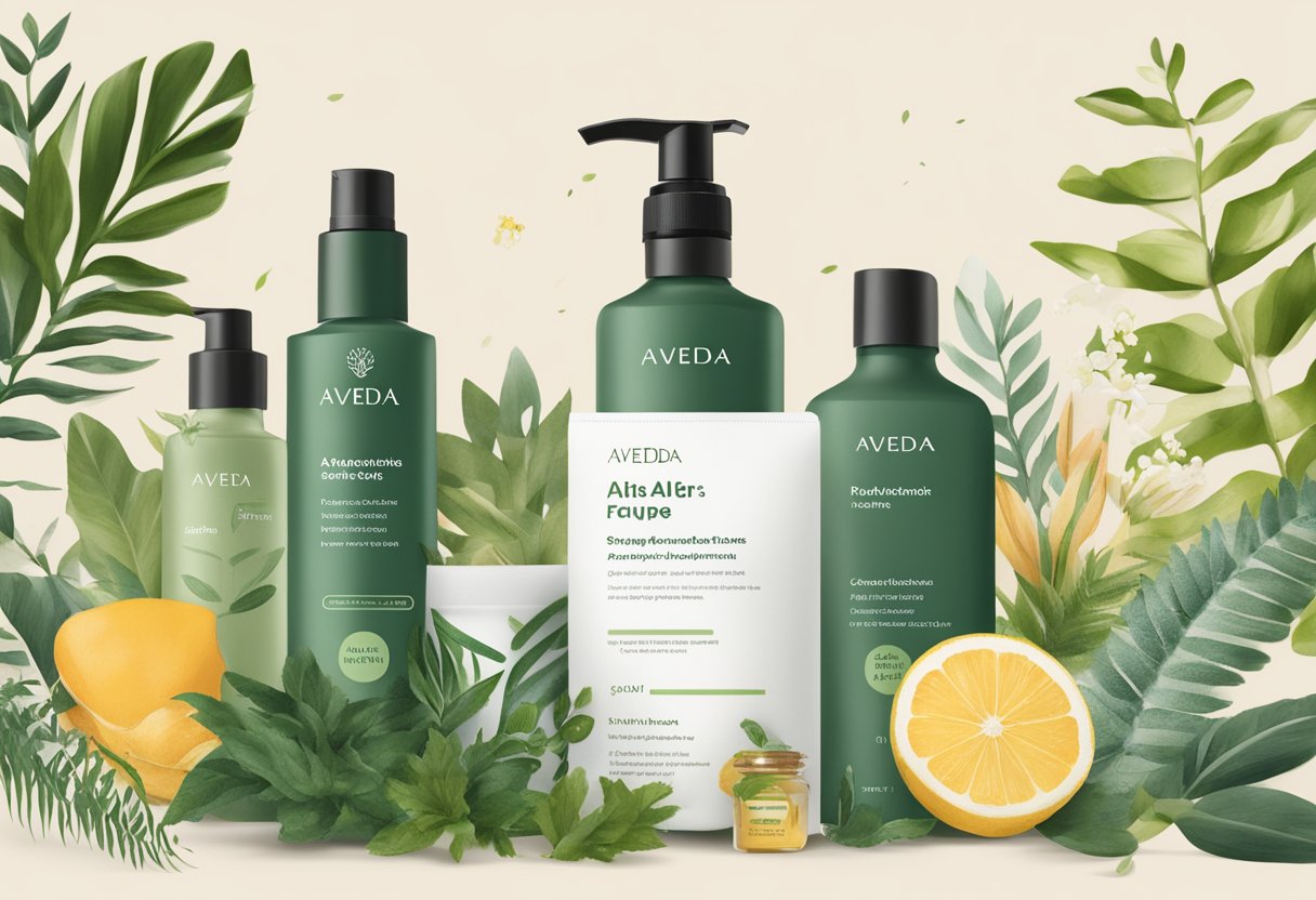 Aveda Singapore's FAQ page, with logo and contact info, surrounded by lush botanicals and natural elements