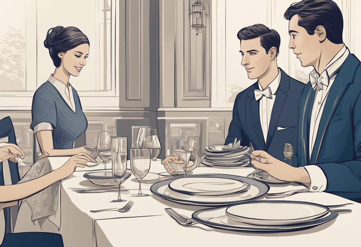 A table set with fine dining ware and a menu showcasing various dishes. A couple discussing options while a waiter takes notes