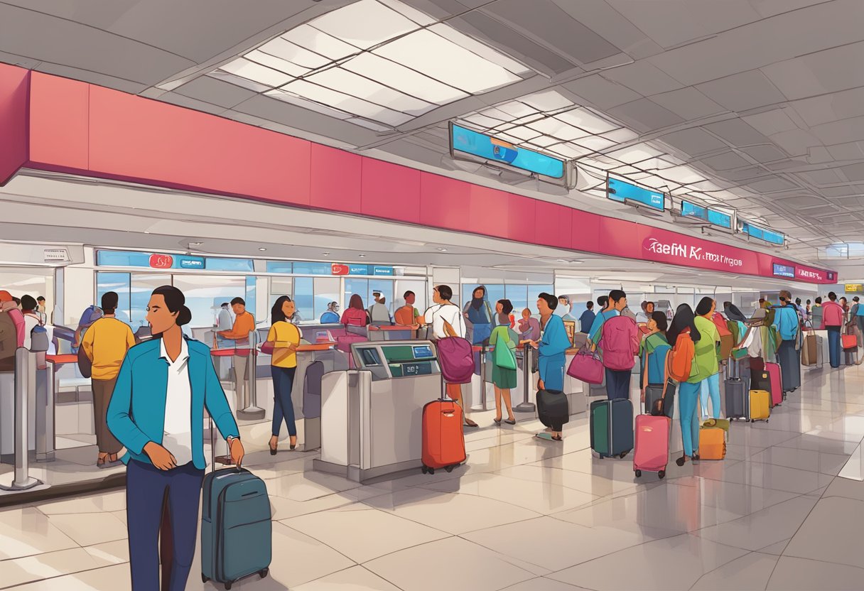 A bustling airport terminal with Batik Air signage, passengers lining up at the check-in counter, and staff assisting customers with their frequently asked questions