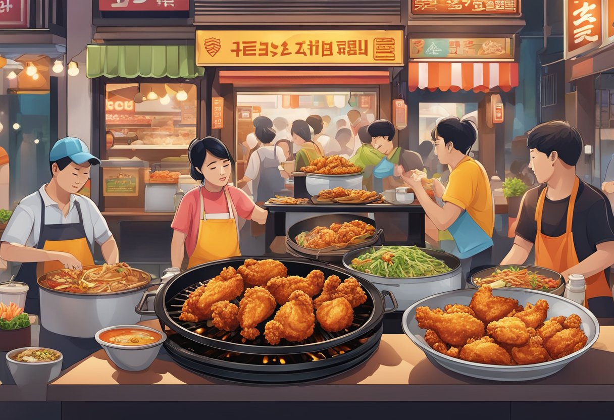 A sizzling hot plate of Korean fried chicken surrounded by vibrant Singaporean street food stalls