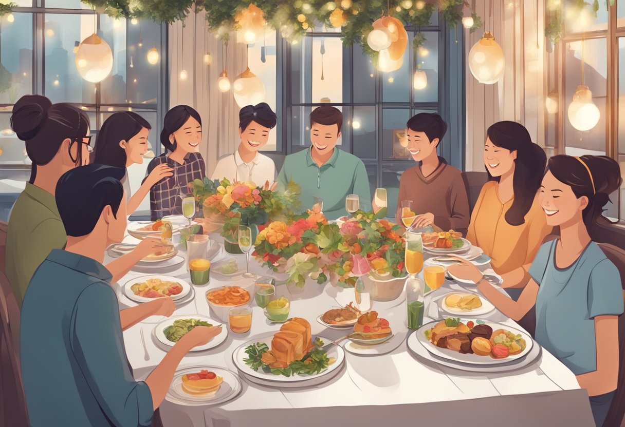A beautifully set table with birthday decorations, surrounded by happy guests enjoying a delicious meal in a cozy restaurant in Singapore
