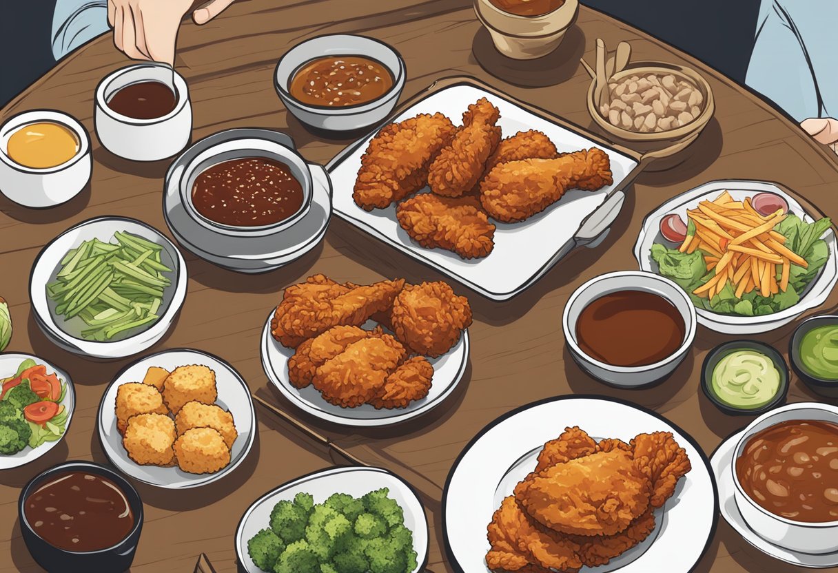 A table with a plate of Korean fried chicken, surrounded by various dipping sauces and side dishes, with a sign reading "Frequently Asked Questions" in the background