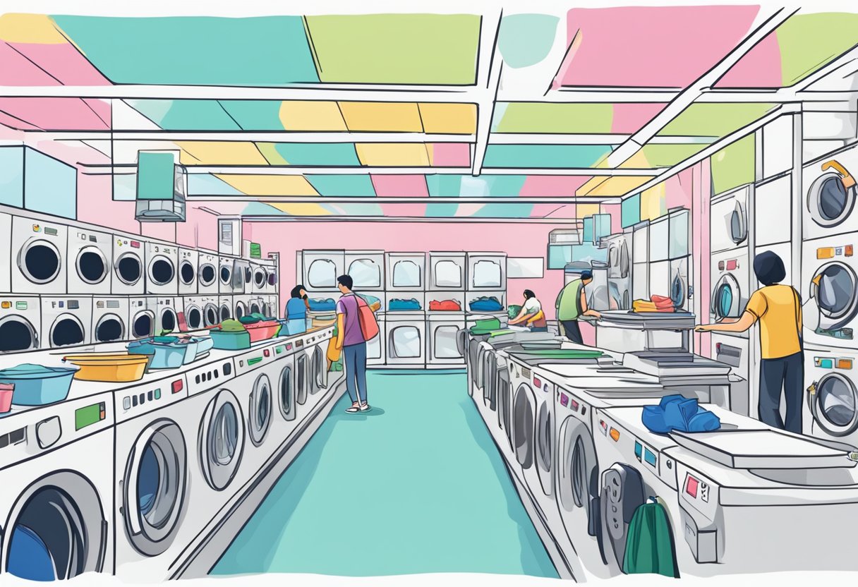 A busy laundromat in Singapore with rows of washing machines, colorful detergent boxes, and customers sorting clothes