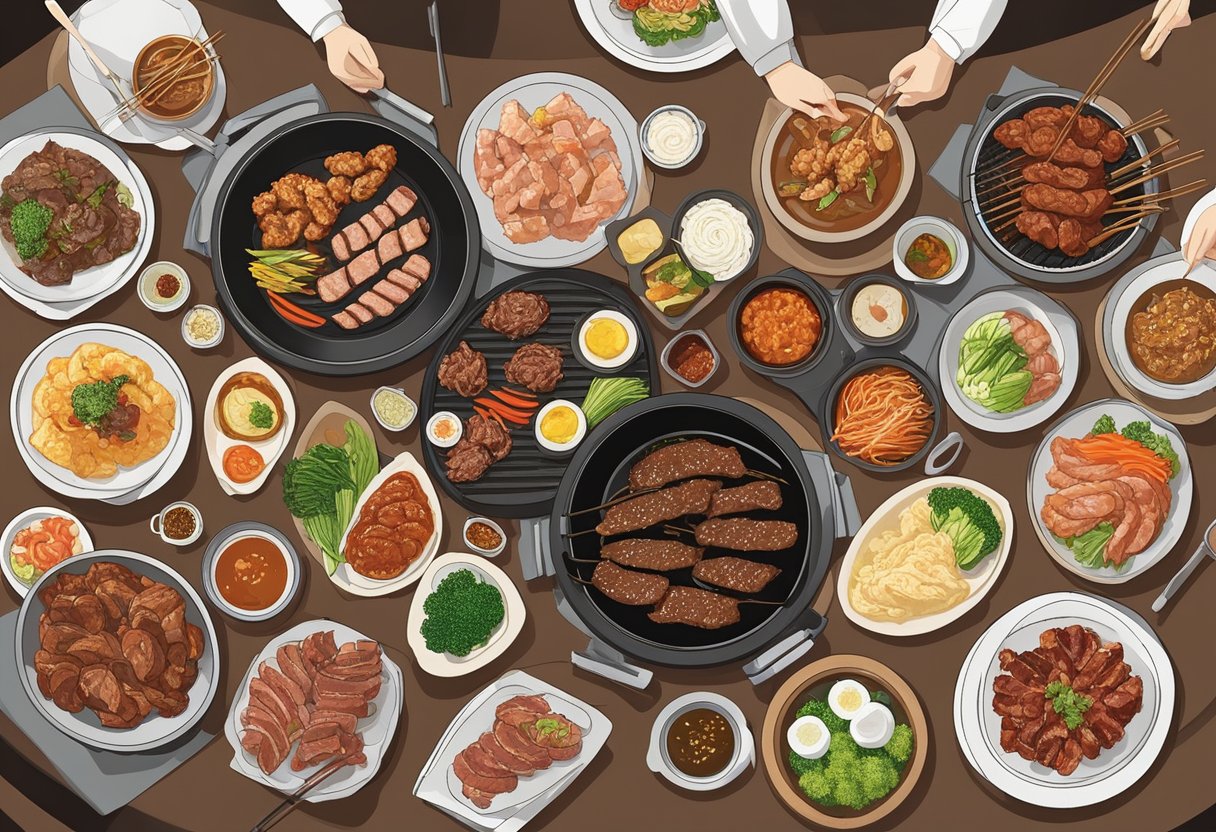 A table filled with sizzling Korean BBQ meats and a variety of banchan dishes at a bustling restaurant in Singapore