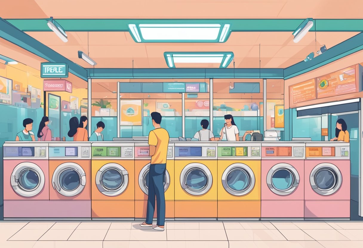 The laundromat in Singapore is bustling with customers. Machines hum as clothes spin. Bright signage advertises various services