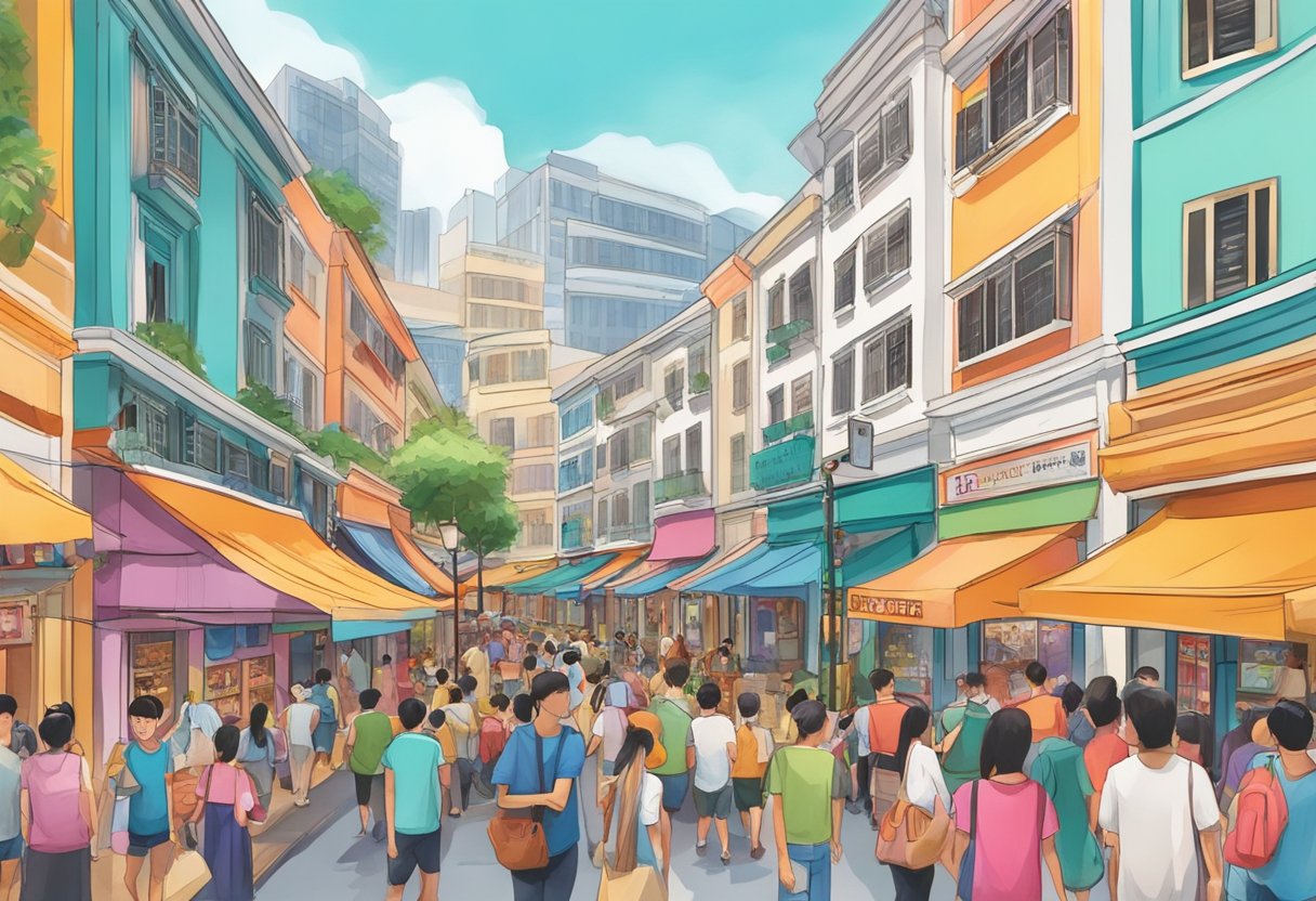Vibrant street scene with colorful storefronts and bustling crowds in Playdress Singapore