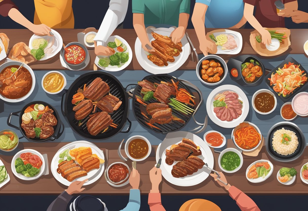 Diners sizzle marinated meats on tabletop grills at a bustling KBBQ restaurant in Singapore, surrounded by colorful side dishes and lively chatter