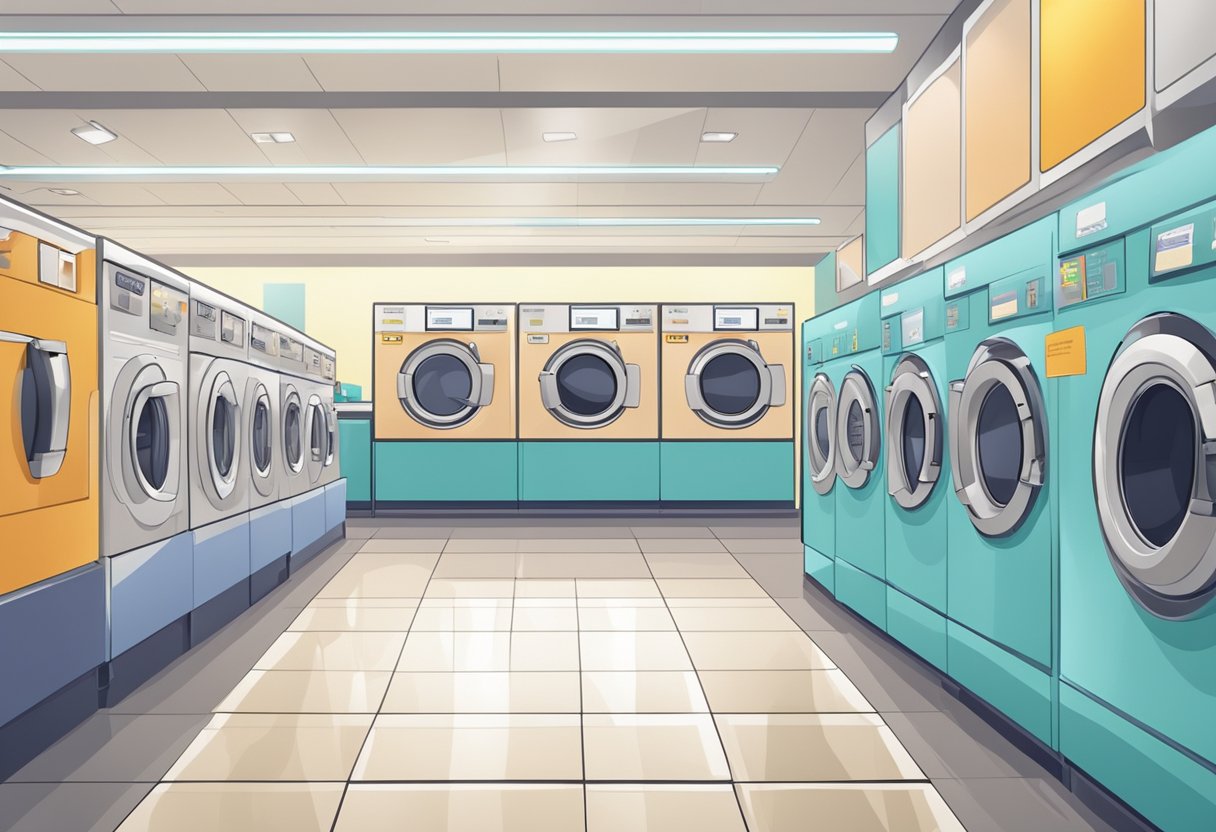 Customers selecting washing machines and dryers in a modern laundromat with bright lighting and clean, organized rows of appliances