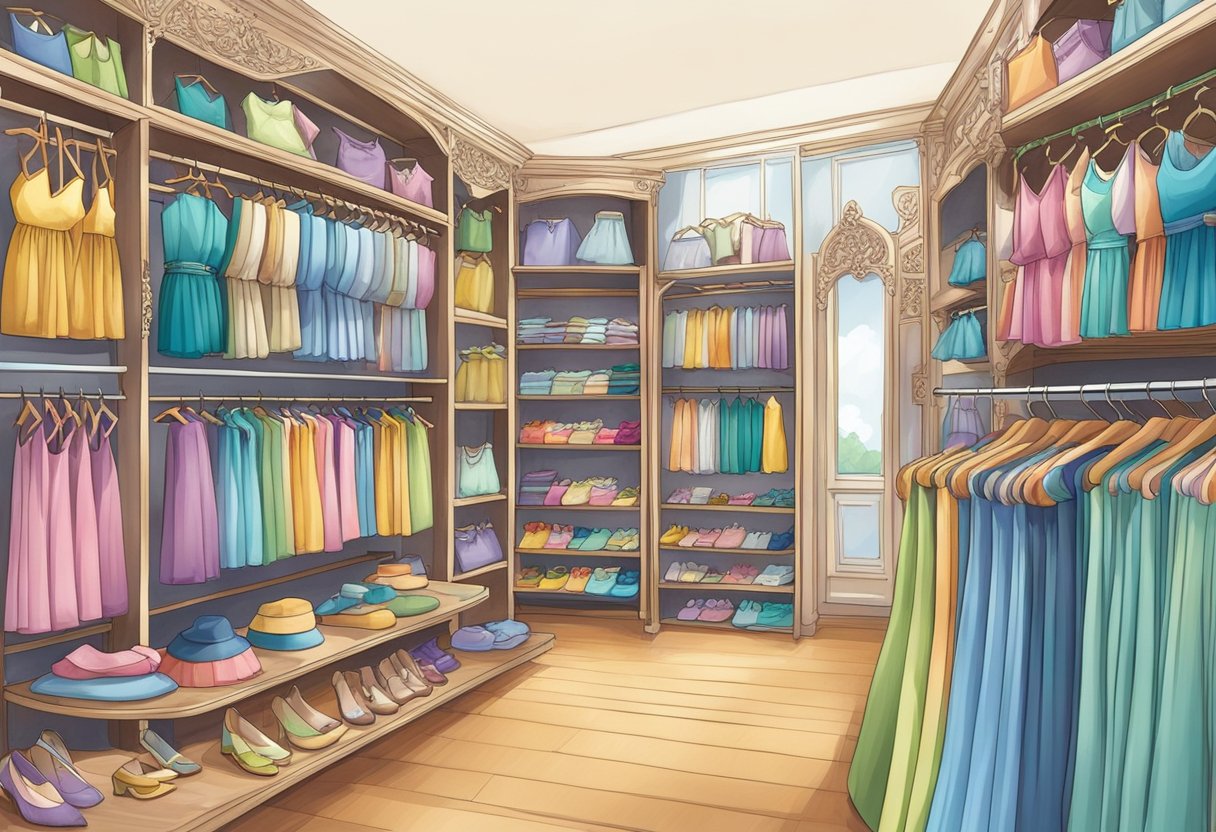 A colorful array of Playdress Collections displayed on racks, with delicate fabrics and intricate designs, creating a vibrant and inviting atmosphere