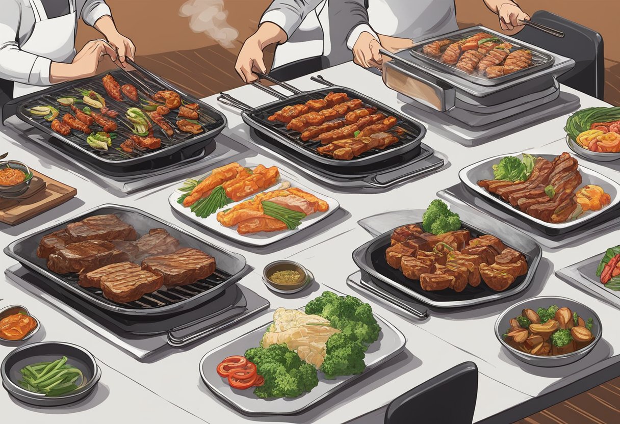 Diners grill marinated meats on tabletop grills. Smoke rises as they chat and enjoy the sizzling food. Banchan dishes line the table