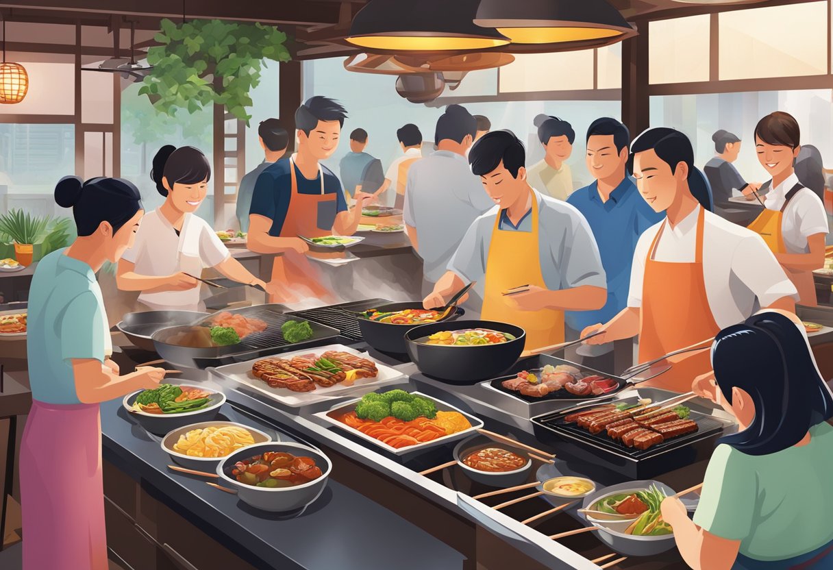 A bustling Korean BBQ restaurant in Singapore, with sizzling grills, colorful side dishes, and diners enjoying the interactive dining experience