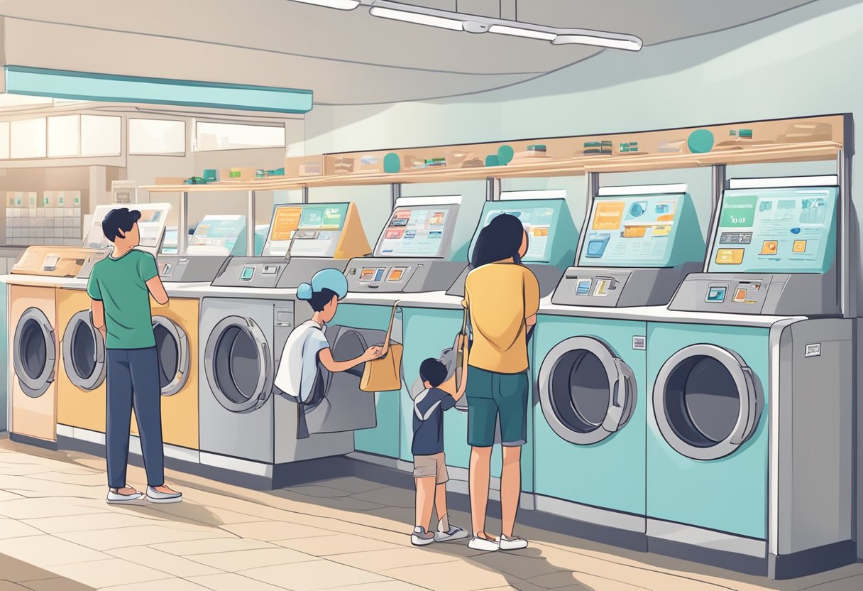 Customers using self-service machines in a clean, well-lit laundromat with signage for "Frequently Asked Questions" in Singapore