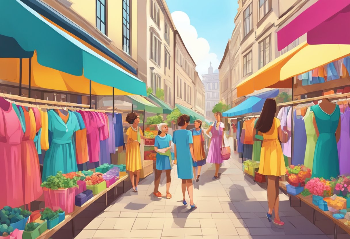 A vibrant market stall displays colorful playdresses in various sizes and styles, with shoppers browsing through racks and chatting with the friendly sales staff
