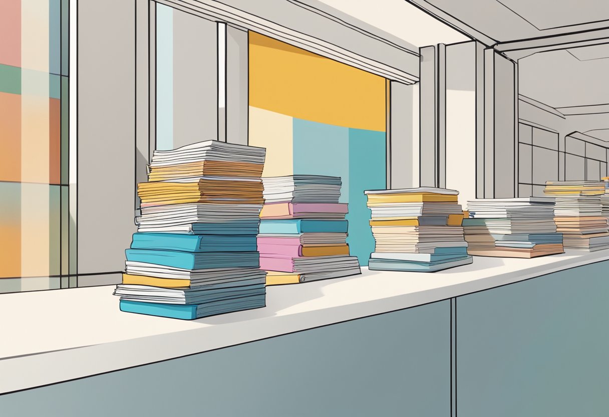 A stack of colorful pamphlets on a sleek, modern counter in a bright, airy space. A sign above reads "Frequently Asked Questions - Playdress Singapore."