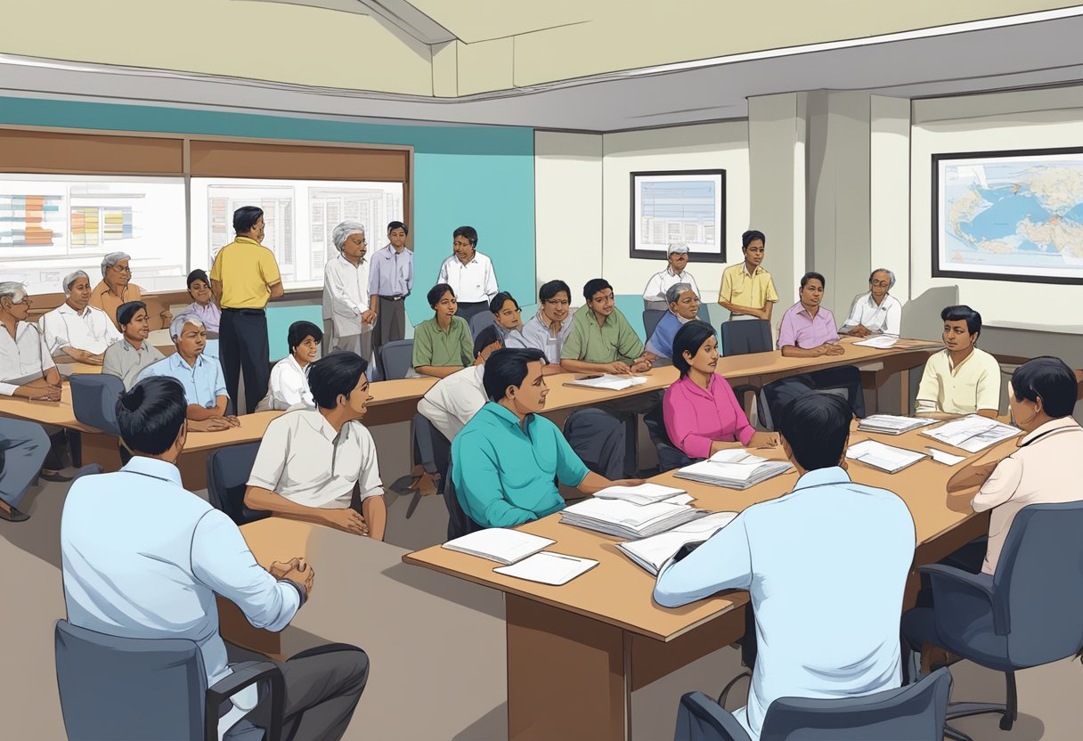 A group of people gathered at the Singapore Indian Association, seeking information and assistance, while staff members patiently address their inquiries