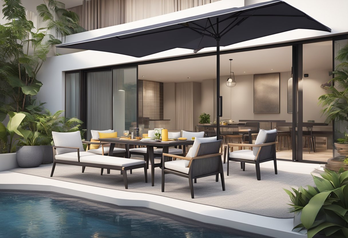 A cozy outdoor patio with modern furniture in Singapore. A sleek dining set, comfortable lounge chairs, and a stylish umbrella create a welcoming space