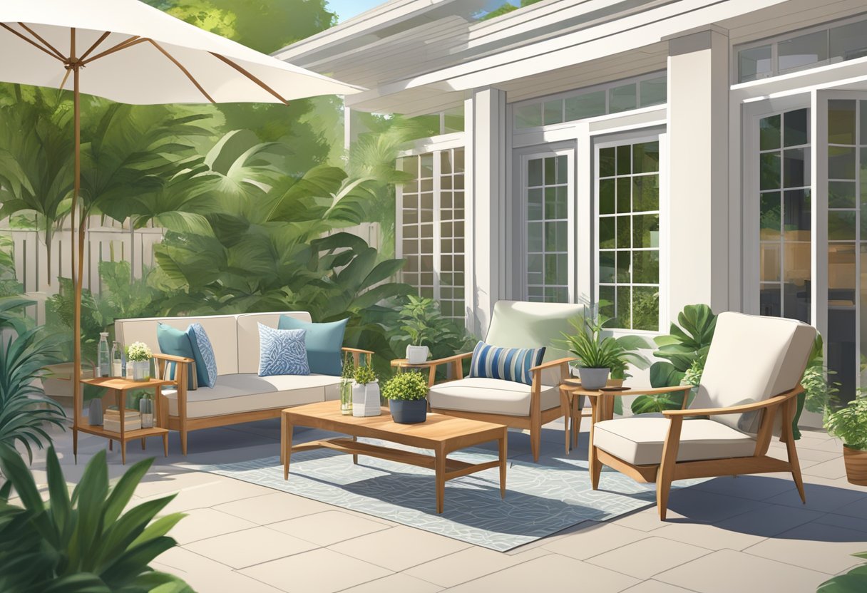 A sunny outdoor patio with a variety of modern and traditional furniture options on display, surrounded by lush greenery and potted plants