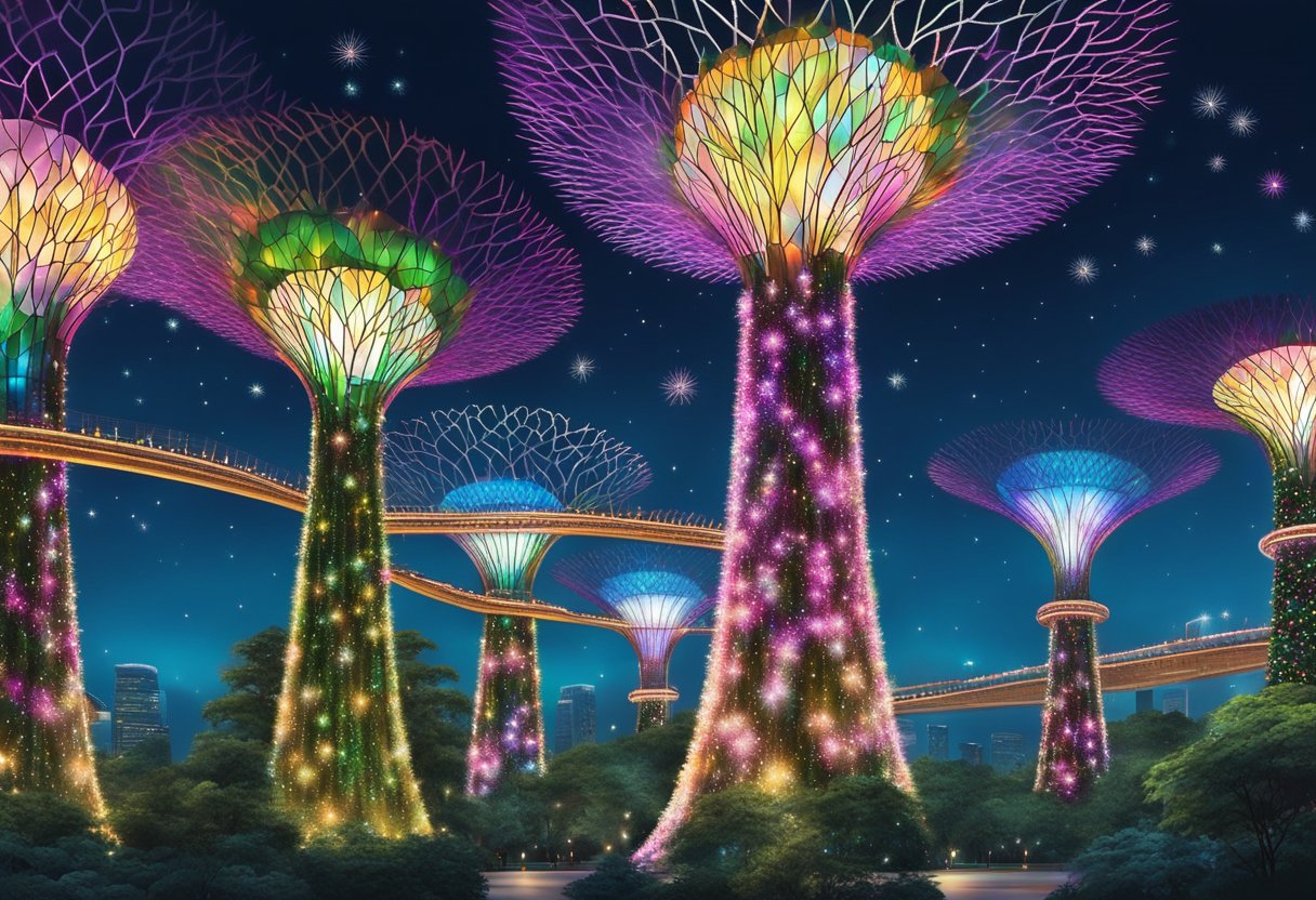 Luminous Christmas trees stand amidst a sea of sparkling lights at Singapore's Gardens by the Bay, creating a magical wonderland