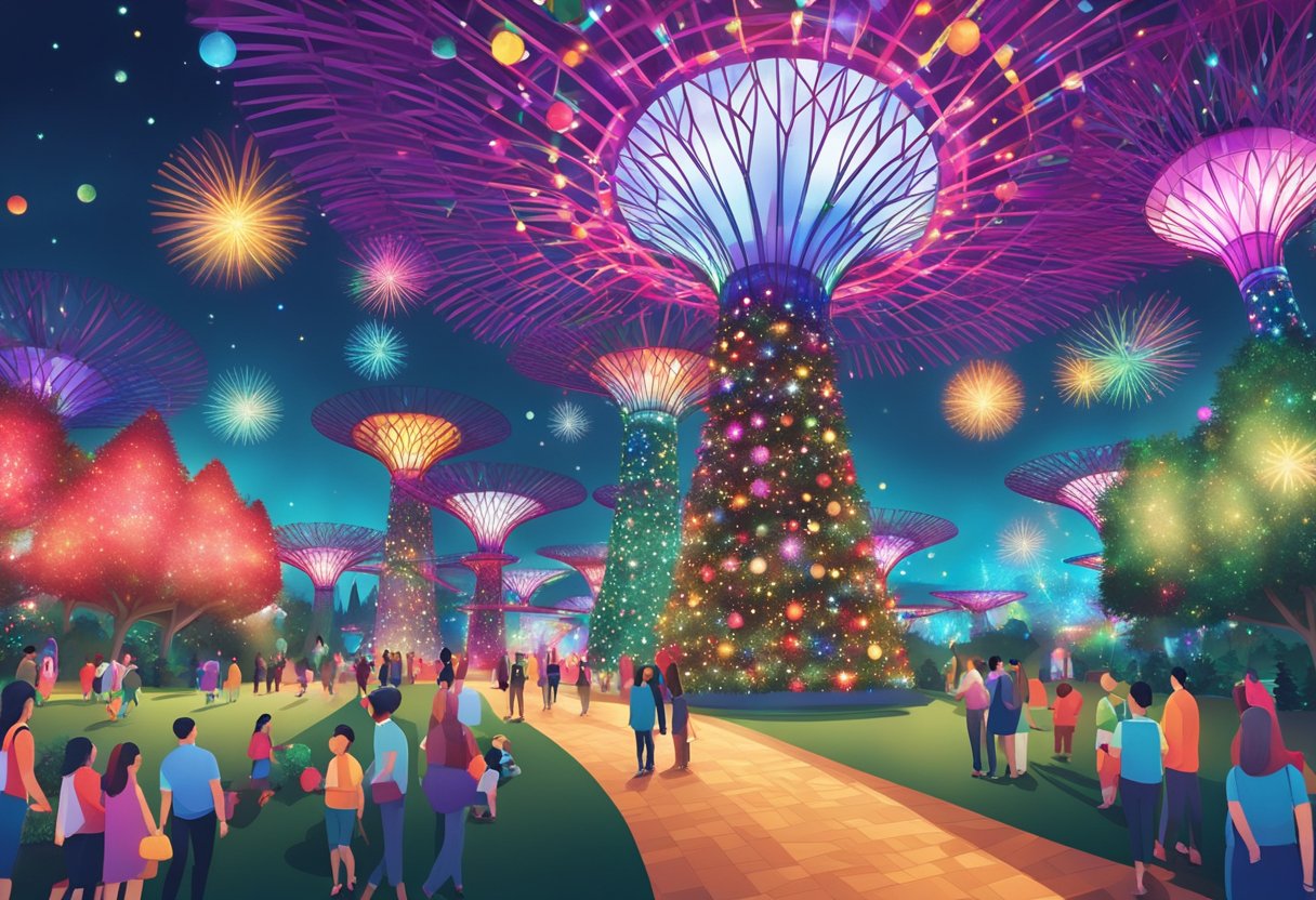 Visitors wander through a colorful Christmas wonderland at Singapore's Gardens by the Bay, filled with dazzling lights, festive decorations, and enchanting holiday displays