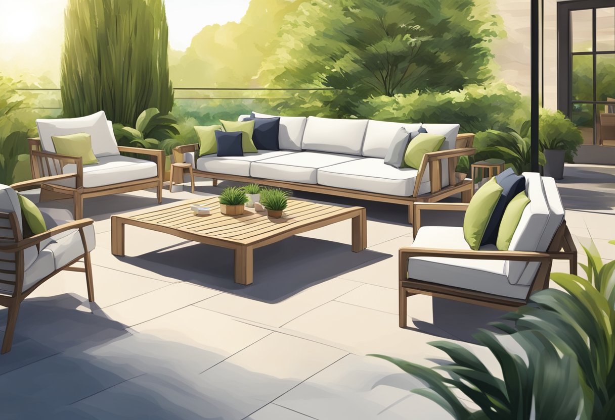 A sunny outdoor setting with modern, comfortable furniture arranged in a stylish and inviting manner, with lush greenery in the background