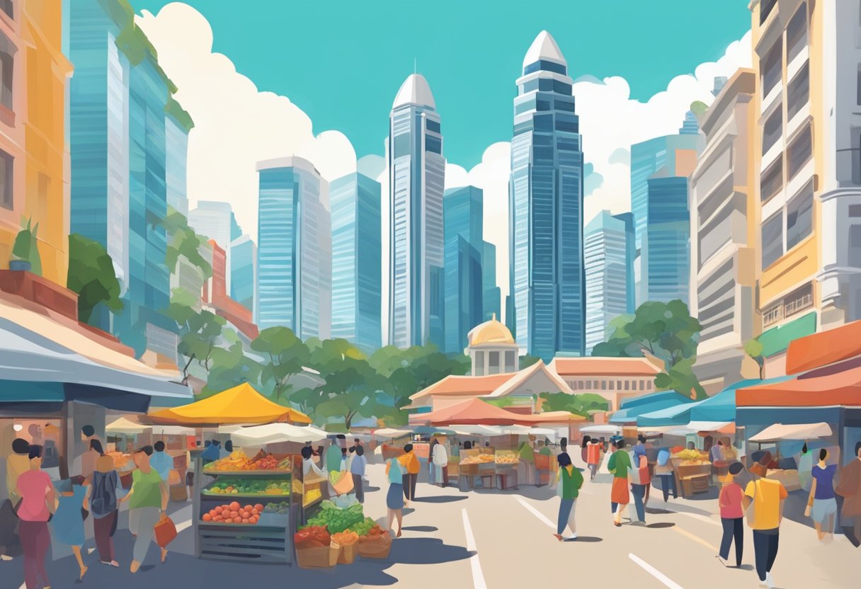 A bustling cityscape with iconic skyscrapers and vibrant street markets in the heart of Singapore