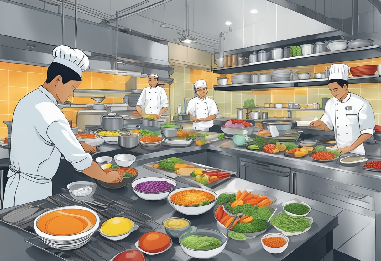 A bustling kitchen with chefs preparing colorful dishes at Lolla's Culinary Experience in Singapore. Ingredients and utensils are neatly organized, creating a vibrant and energetic atmosphere