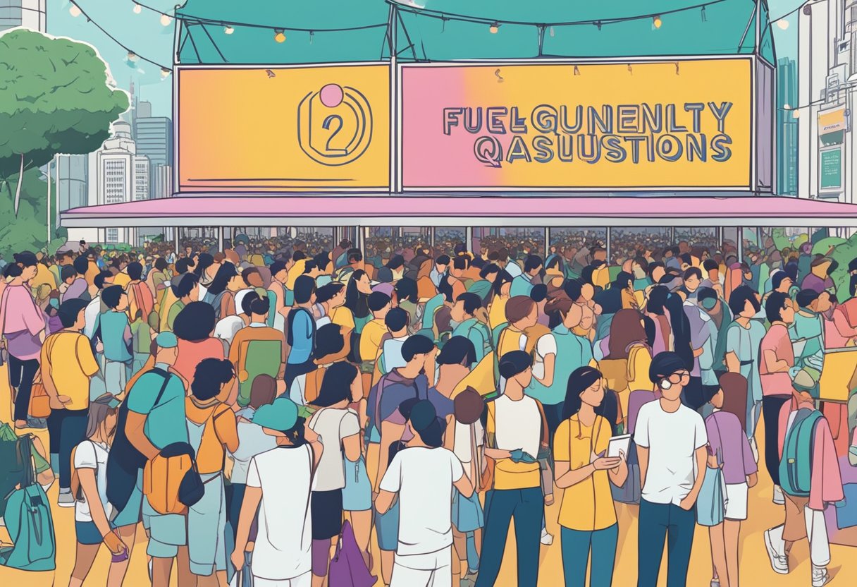 A crowd of people line up at information booths under a large banner reading "Frequently Asked Questions lolla singapore". Signs point to different sections of the festival