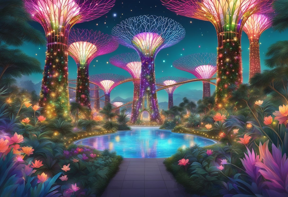 Gardens by the Bay adorned with colorful lights and festive decorations for Christmas. Twinkling trees, giant ornaments, and a glowing wonderland