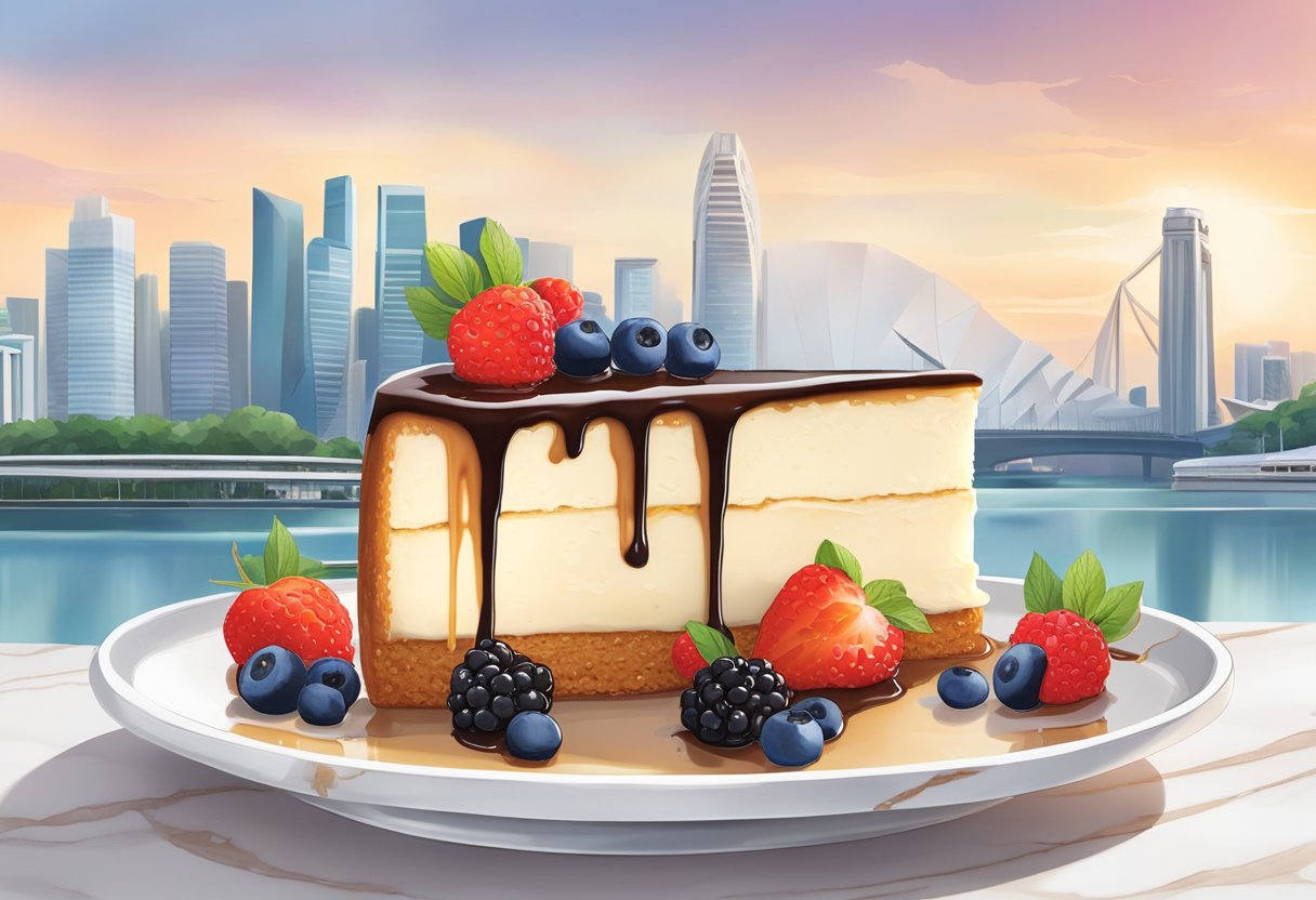 A decadent cheesecake sits on a white marble table, adorned with fresh berries and a drizzle of caramel sauce, with a backdrop of the iconic Singapore skyline