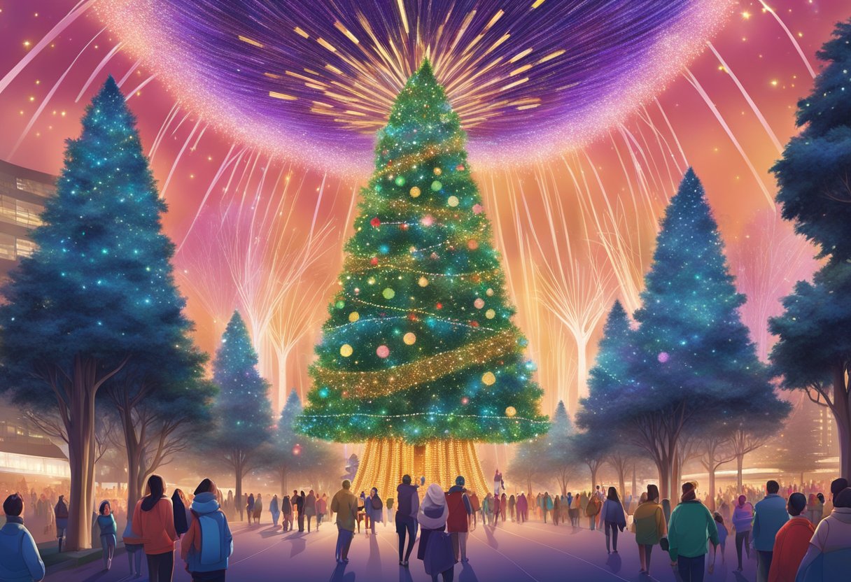 Colorful lights adorn the towering supertrees, while festive decorations line the pathways. A giant Christmas tree sparkles in the center, surrounded by joyful visitors