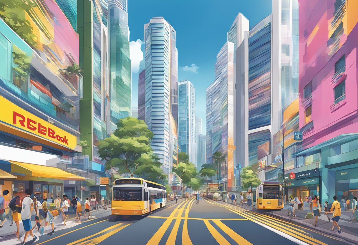 A vibrant cityscape with iconic Reebok signage and bustling streets in Singapore