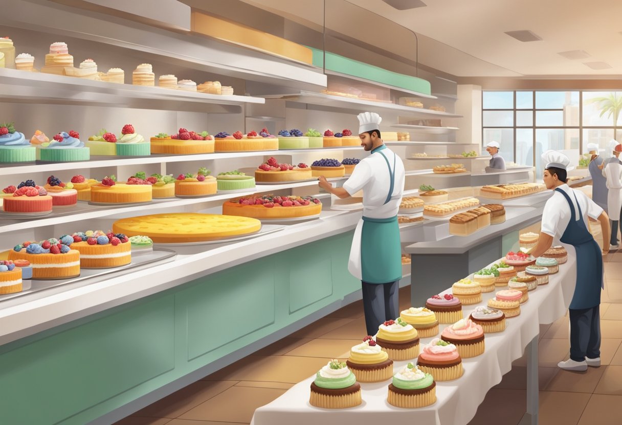 A bustling bakery with rows of colorful cheesecakes on display, a chef carefully decorating a creamy slice with fresh fruits and a crowd of eager customers waiting to indulge in the sweet treats