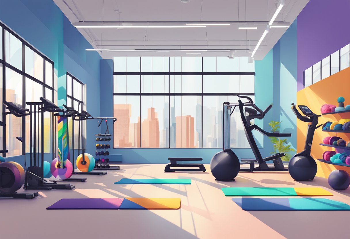 Colorful gym equipment arranged neatly in a spacious studio with natural lighting, surrounded by motivational quotes and a vibrant ClassPass logo