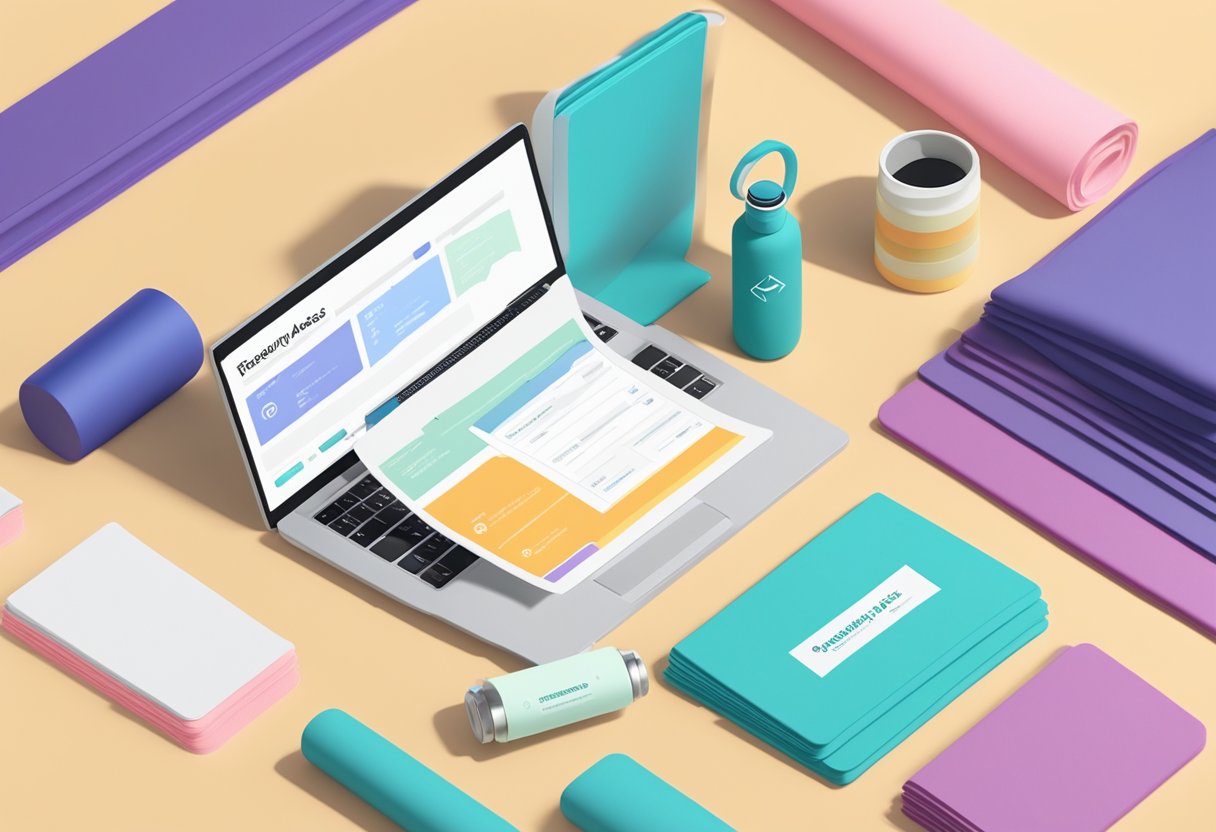 A laptop displaying a webpage with the title "Frequently Asked Questions ClassPass Singapore" surrounded by a stack of colorful workout mats and a water bottle