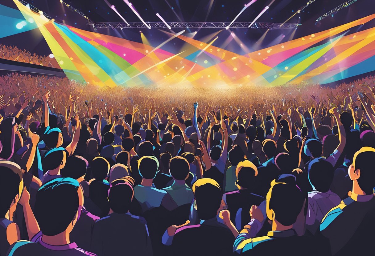 Crowd cheers as colorful lights illuminate the stage at the Mayday concert in Singapore. Music fills the air as the band performs, creating an electrifying atmosphere