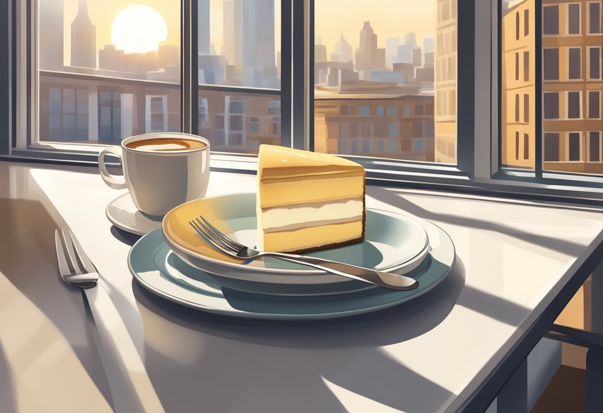 A table set with a slice of cheesecake, a fork, and a cup of coffee. A window overlooks a bustling city street, with sunlight streaming in