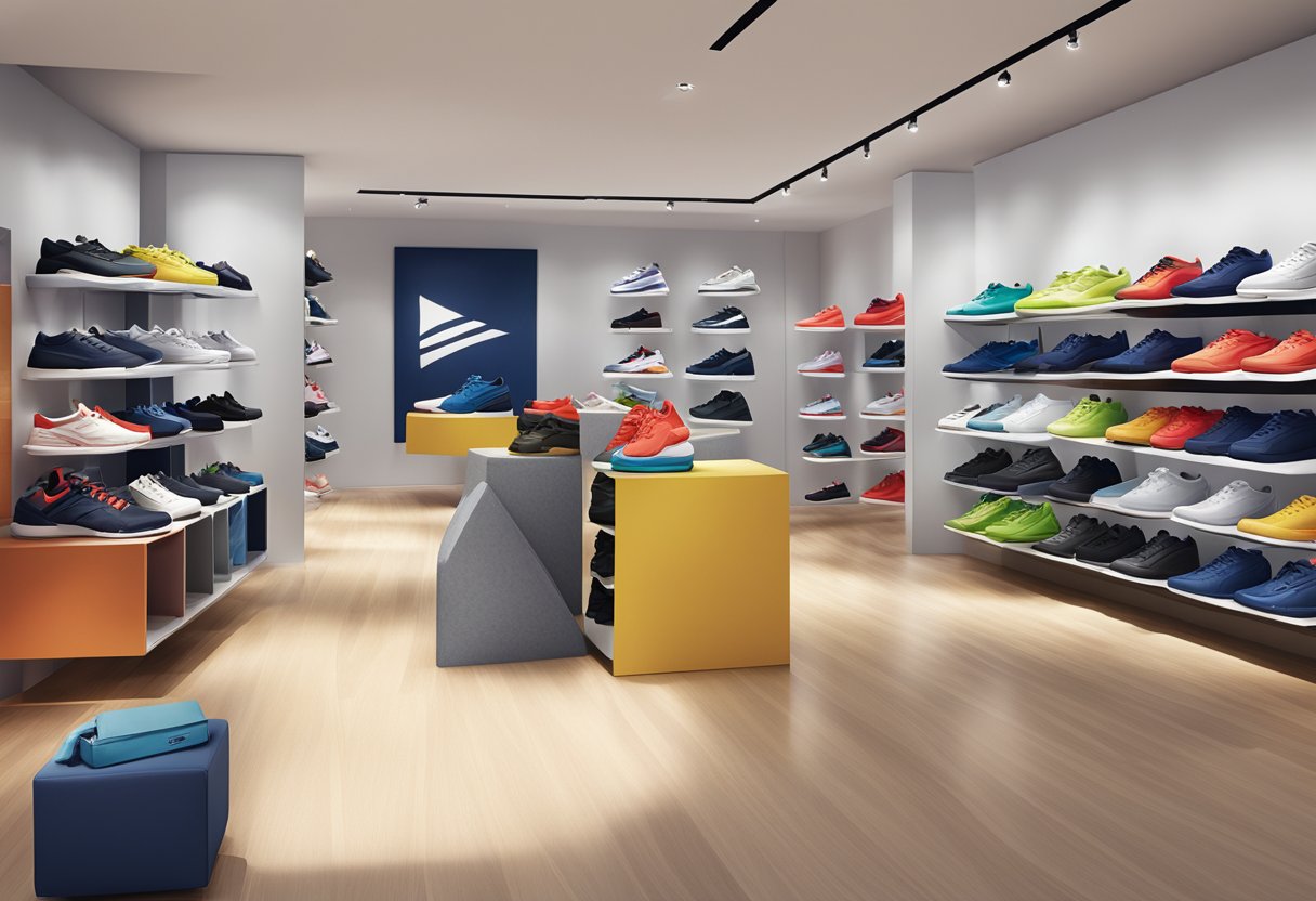 A display of Reebok Singapore's product range, featuring shoes, apparel, and accessories, arranged in a modern and stylish retail setting