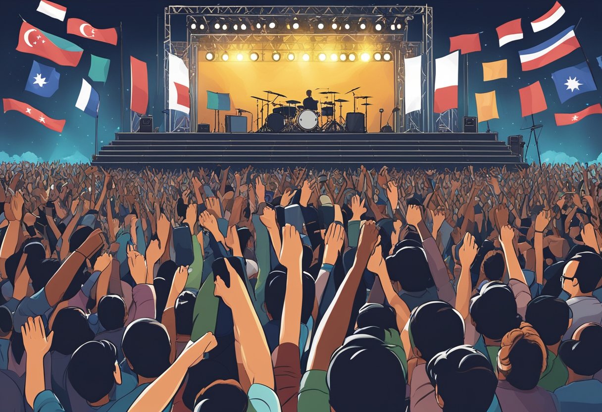 Crowd cheers at Mayday concert in Singapore. Stage lights illuminate the band as they perform. Flags wave in the air