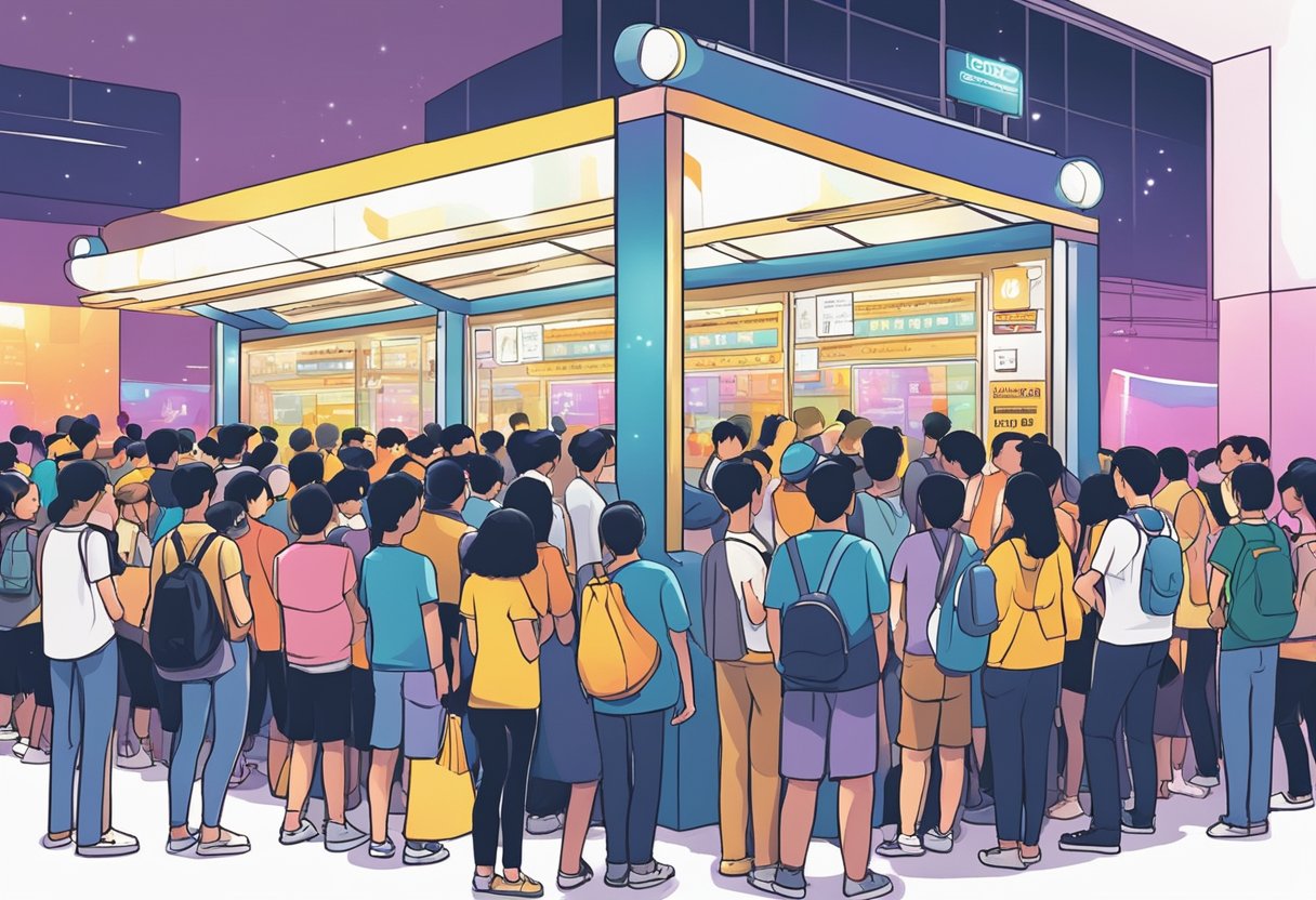 Crowds gather around ticketing booth at Mayday concert in Singapore. Bright lights illuminate the scene as people line up to purchase tickets
