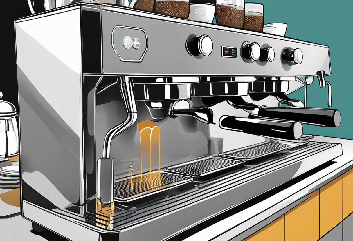 A sleek coffee machine in a modern Singapore cafe, steam rising from the spout as it brews a fresh cup of coffee