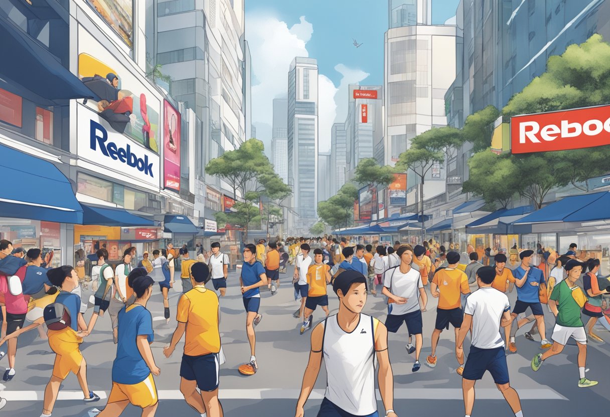 A bustling street in Singapore with prominent Reebok signage on storefronts and billboards, surrounded by active individuals in Reebok apparel