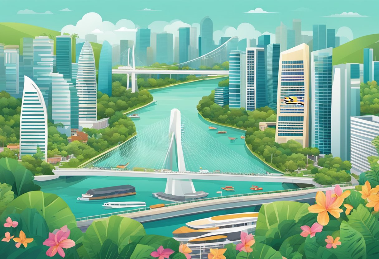 A bustling cityscape with iconic landmarks like the Marina Bay Sands and the Singapore Flyer, set against a backdrop of lush greenery and vibrant street scenes