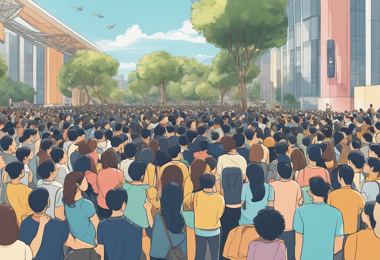 A crowd of concert-goers gather at the Mayday concert in Singapore, eagerly asking questions about the event