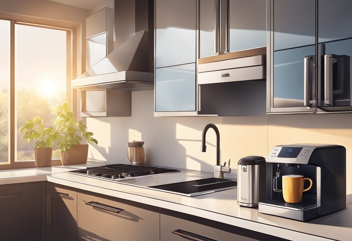 A cozy kitchen with a modern coffee machine on the countertop. Sunlight streams through the window, casting a warm glow on the sleek, stainless steel appliance
